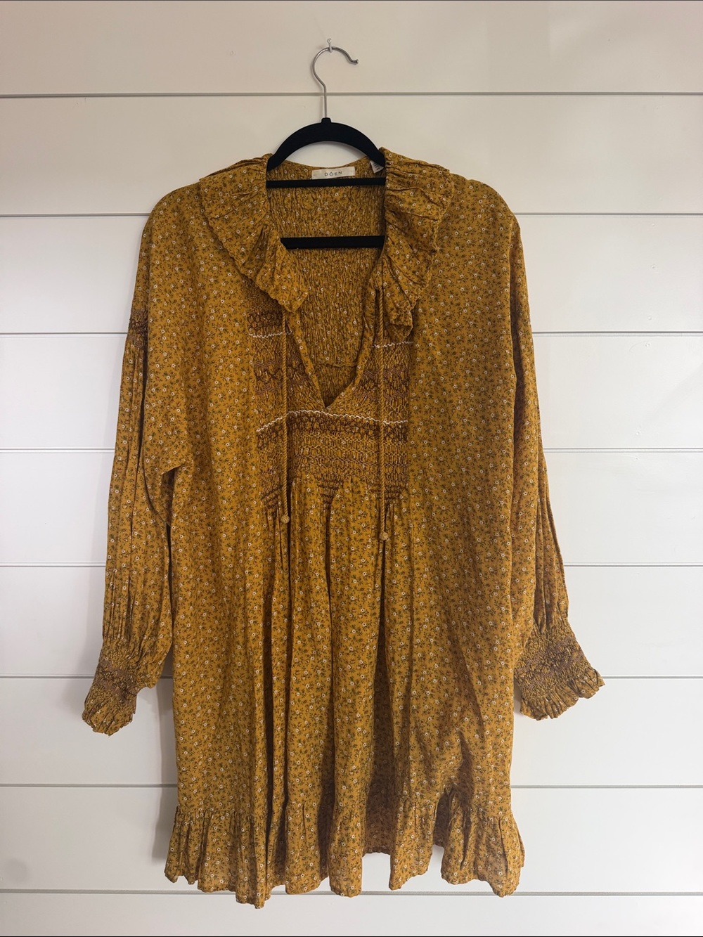Doen Mustard Floral Ruffle Smocked Long Sleeve Mini Dress